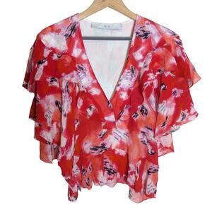 IRO PARIS Silk Flounce Red Abstract Floral Top MSRP $395 Women Sz FR38 US6 Artsy